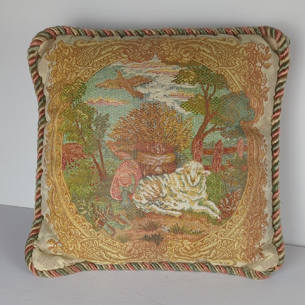 VINTAGE Newport Tapestry Pillow Small Cottage Lamb Scene